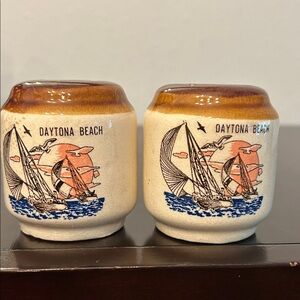 Vintage 1970’s Daytona Beach Drip Glaze Pottery Sailboat Salt & Pepper Shakers